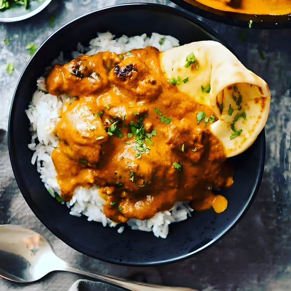 A black bowl of Spice Affair's Indian butter chicken, white rice, and naan bread.