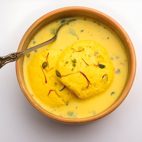 Rasmalai, an Indian dessert, with saffron and nuts in a bowl with a spoon.